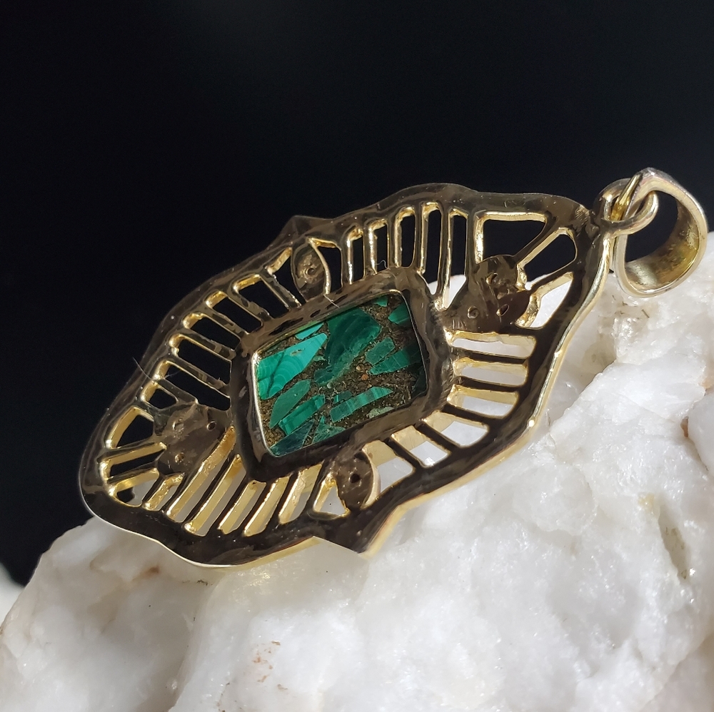 Sterling Silver 925/18kt Gold Genuine Malachite/Diamond Gemstone - Picture 9 of 13